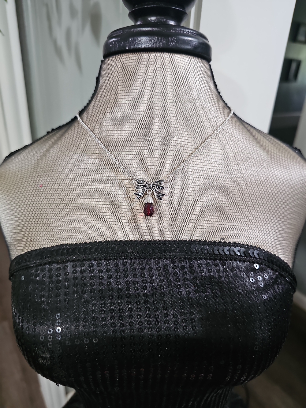 Silver Bow Necklace with Red Pendant Very Beautiful🥰